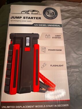 3-in-1 Jump Starter Power Bank with Flashlight - Black & Red